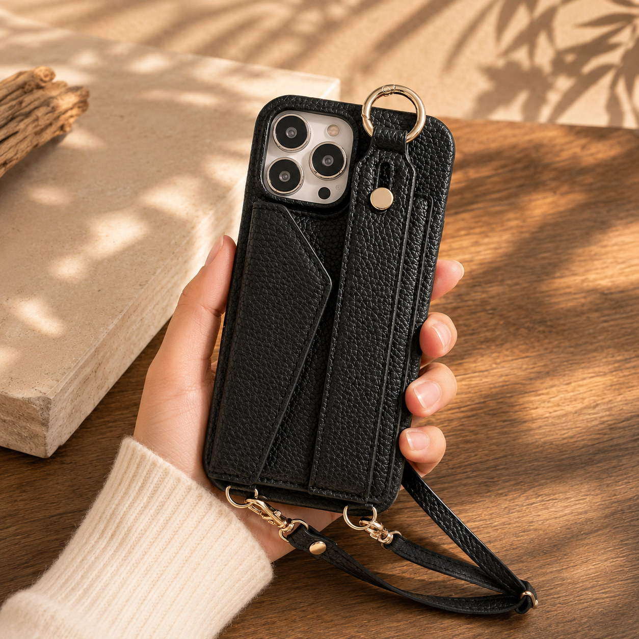 Telefoonhoesje met kaarthouder en draagkoord voor iPhone